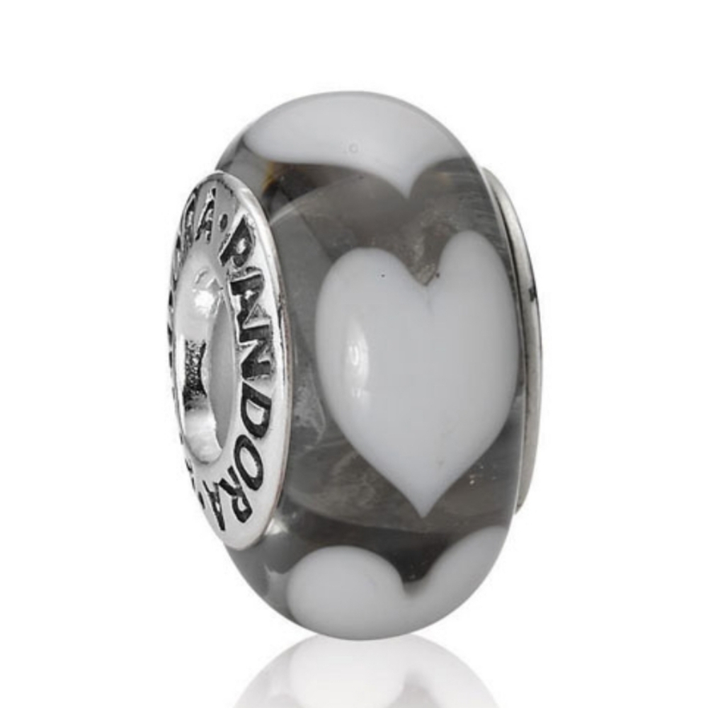 Pandora Retired Clear Murano Glass Bead with White Hearts - 790666